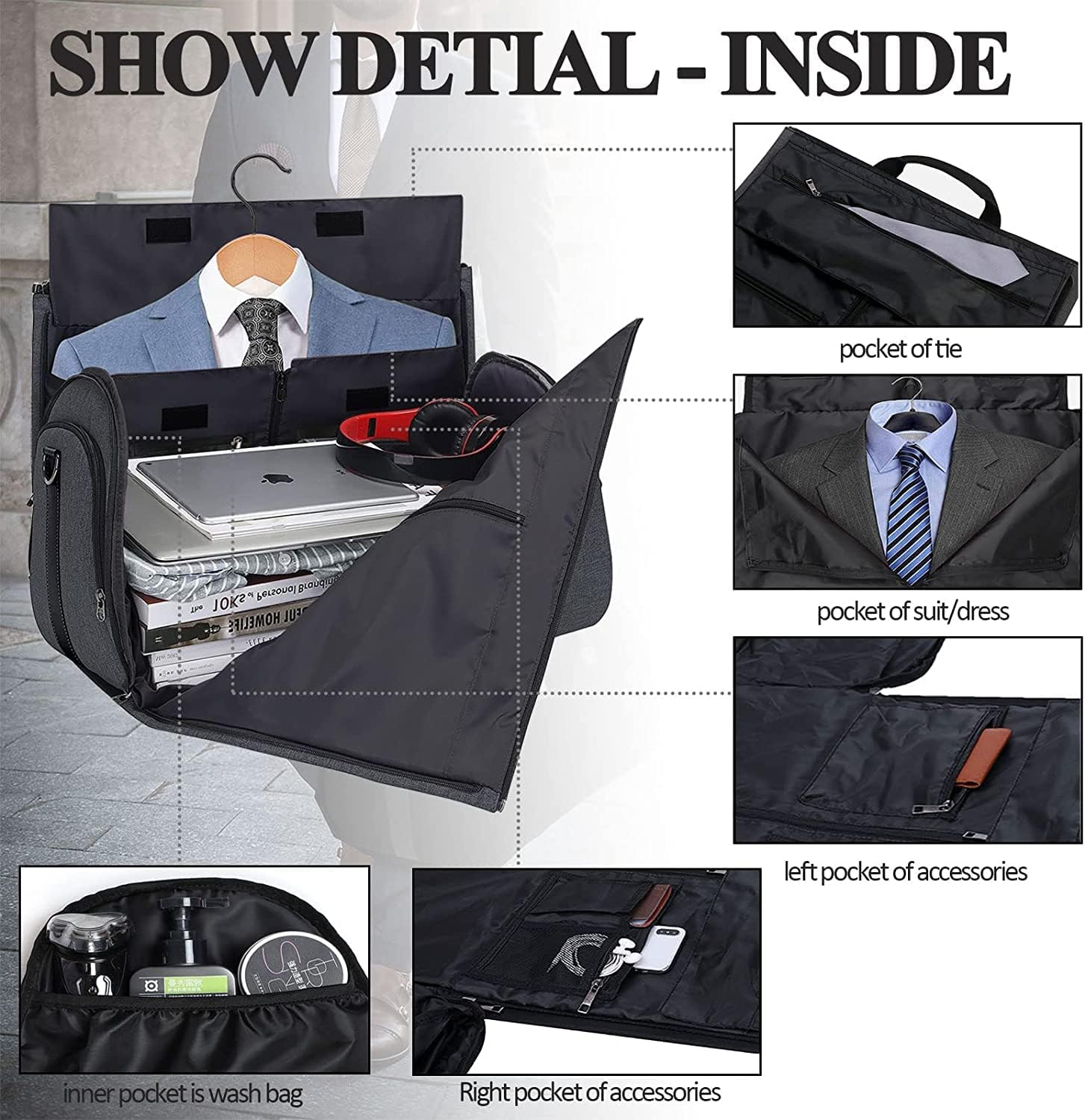 Carry On Garment Bag for Travel Suit Bag Men Women Dress, Convertible Garment Duffel Bag Hanging Clothes,Weekend Duffle Bags,Foldable Carry On Bag with Shoe Compartment Pockets Shoulder Strap