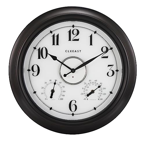 Illuminated Outdoor Clocks Waterproof 18 inch with Smart Sensor,Large Outdoor Clock with Thermometer & Hygrometer for Garden Patio Pool,Oil Rubbed Bronze Black,Unique Housewarming Gifts