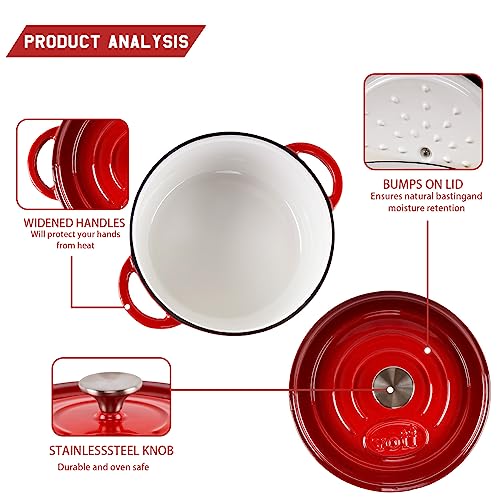 Enamel Cast Iron Dutch Oven - 2 Quarts Dutch Oven Pan With Lid, Durable Enamel Dutch Oven For Bread Baking, Nonstick Bread Dutch Oven, Enamel Cast Iron Cookware - Red Dutch Oven 2 Quarts