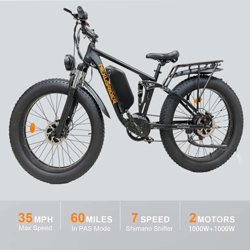 2000W Dual Motor Electric Bike for Adults, 35 Mph 60 Miles AWD Ebike, 48V 22.4Ah Fat Tire MTB E Bikes, 26'' Full Suspension Hydraulic Disc Brake Adult Electric Bicycles for Men & Women