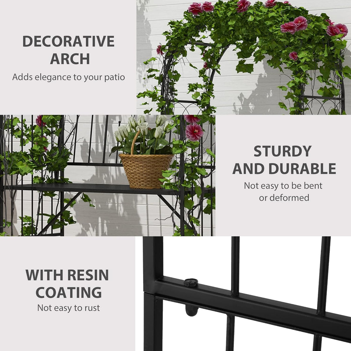 Outsunny Metal Trellis Arbor Arch for Climbing Plants with Garden Bench, Grow Grapes & Vines, Patio Decor & 2-Person Outdoor Interlacing Decorative Seating with Tips, 484 lbs. Weight Capacity, Black