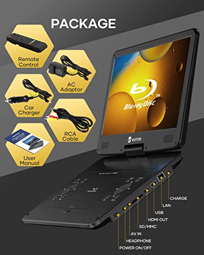 WONNIE 16.9" Portable Blu ray DVD Player with 14.1" 1080P HD Swivel Screen, 4-Hour Rechargeable Battery, Supports HDMI Output, Surround Audio, Last Memory, USB/SD Card, AV in