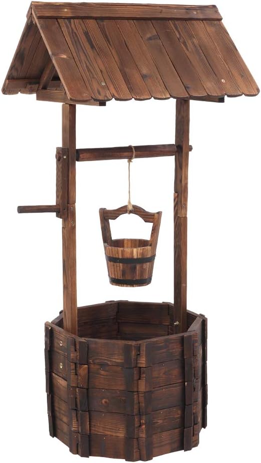 Wooden Wishing Well Planter, Outdoor Reinforced and Anticorrosive Wooden Wishing Well Flowerpot with Hanging Bucket
