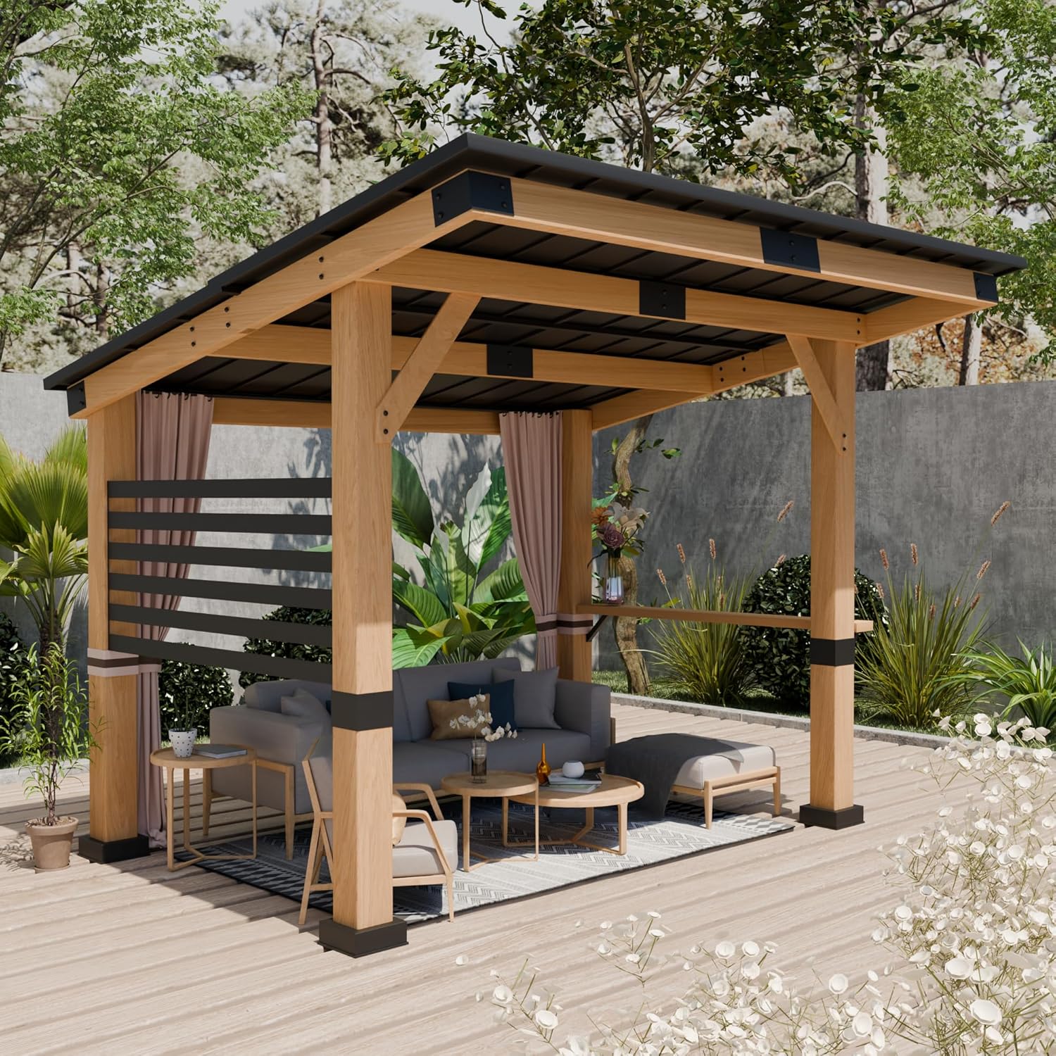 Wood Gazebo 10' x 12', Hardtop Cedar Gazebo with Metal Roof, Outdoor Wooden Gazebo with Curtains, Permanent Pavilion Grill Gazebo for Backyard, Deck, Patio, Garden, Parties
