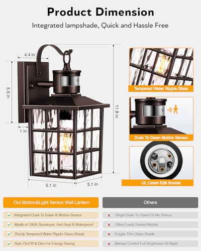 VIANIS 2 Pack Motion Sensor Outdoor Lights, Oil Rubbed Bronze Dusk to Dawn Wall Lights Lantern, 100% Aluminum Coach Exterior Lights Sconce for Patio, House, ORB Front Porch Light with Waterproof