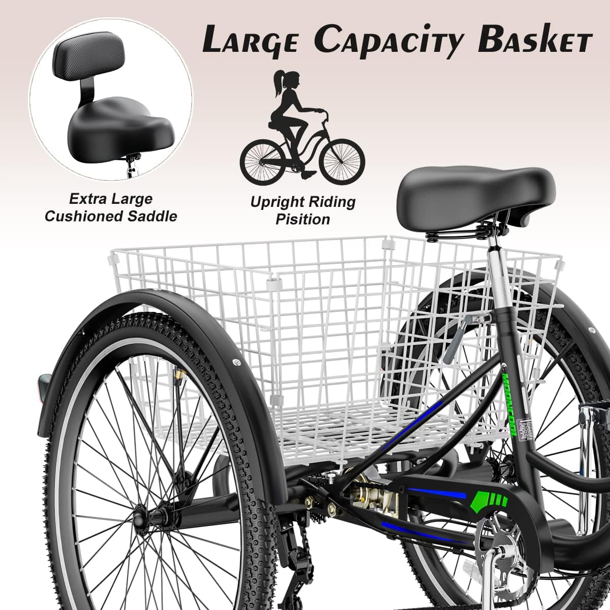 Adult Tricycle 7 Speed 3 Wheel Bike Adult Trikes, Three-Wheeled Bicycles Cruise Trike with Basket for Seniors, Women, Men for Recreation Shopping (24", Black with Blue)