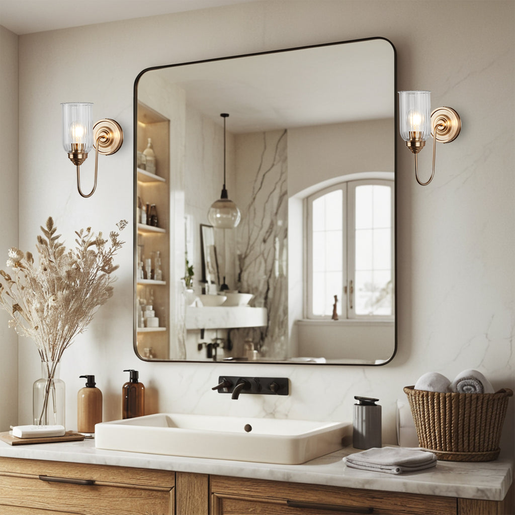 Mid Century Bathroom Vanity Wall Light Fixtures, Brass Wall Lamp with Glass Shade for Bedroom Mirror Living Room Kitchen