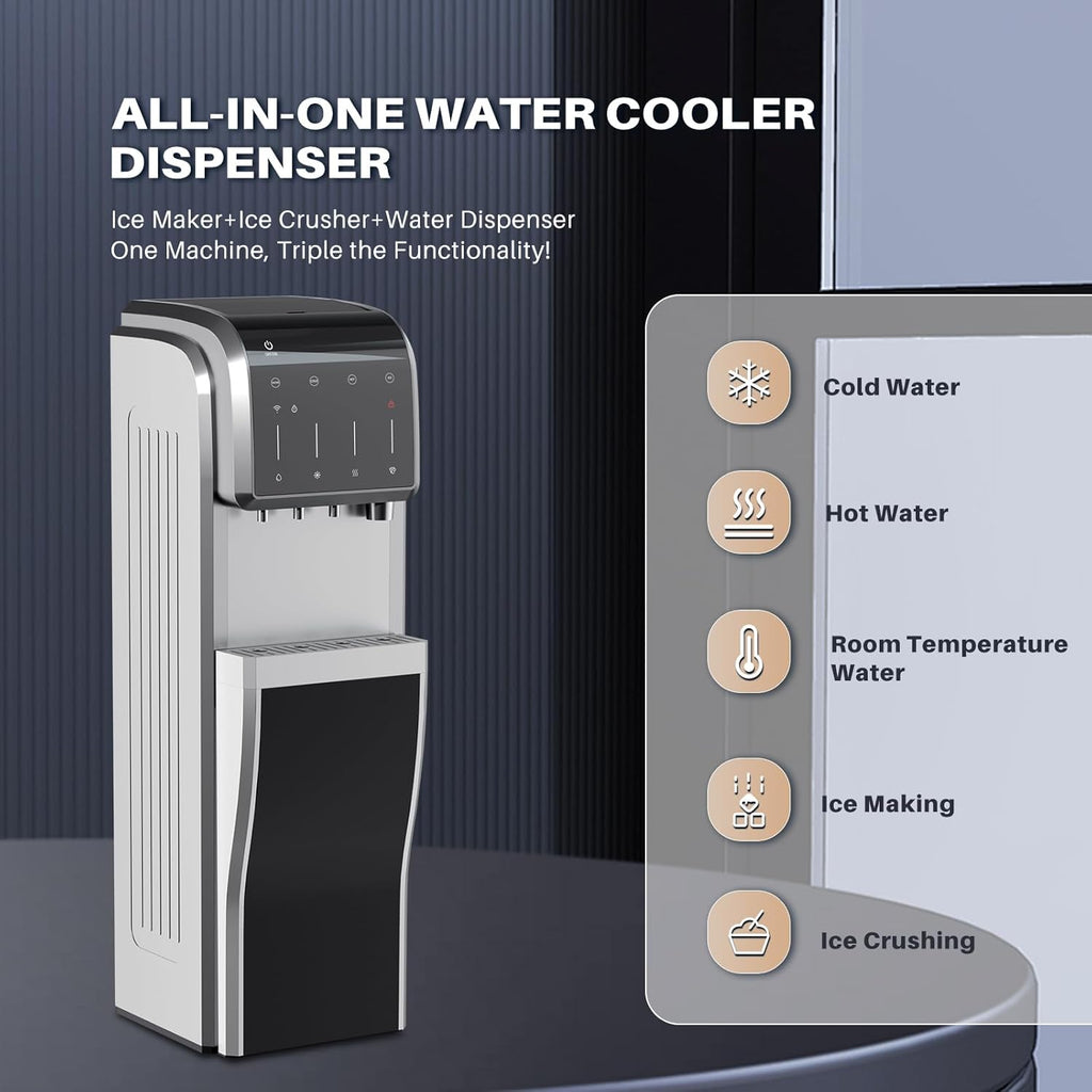 ICEPURE Water Dispenser with Ice Maker, 5-in-1 Water Cooler 5 Gallon Built-in Ice Maker Crushed Ice, Hot and Cold Water Dispenser Bottom Load, Bullet and Chewable Ice Maker, 35lbs/24H, Stainless Steel