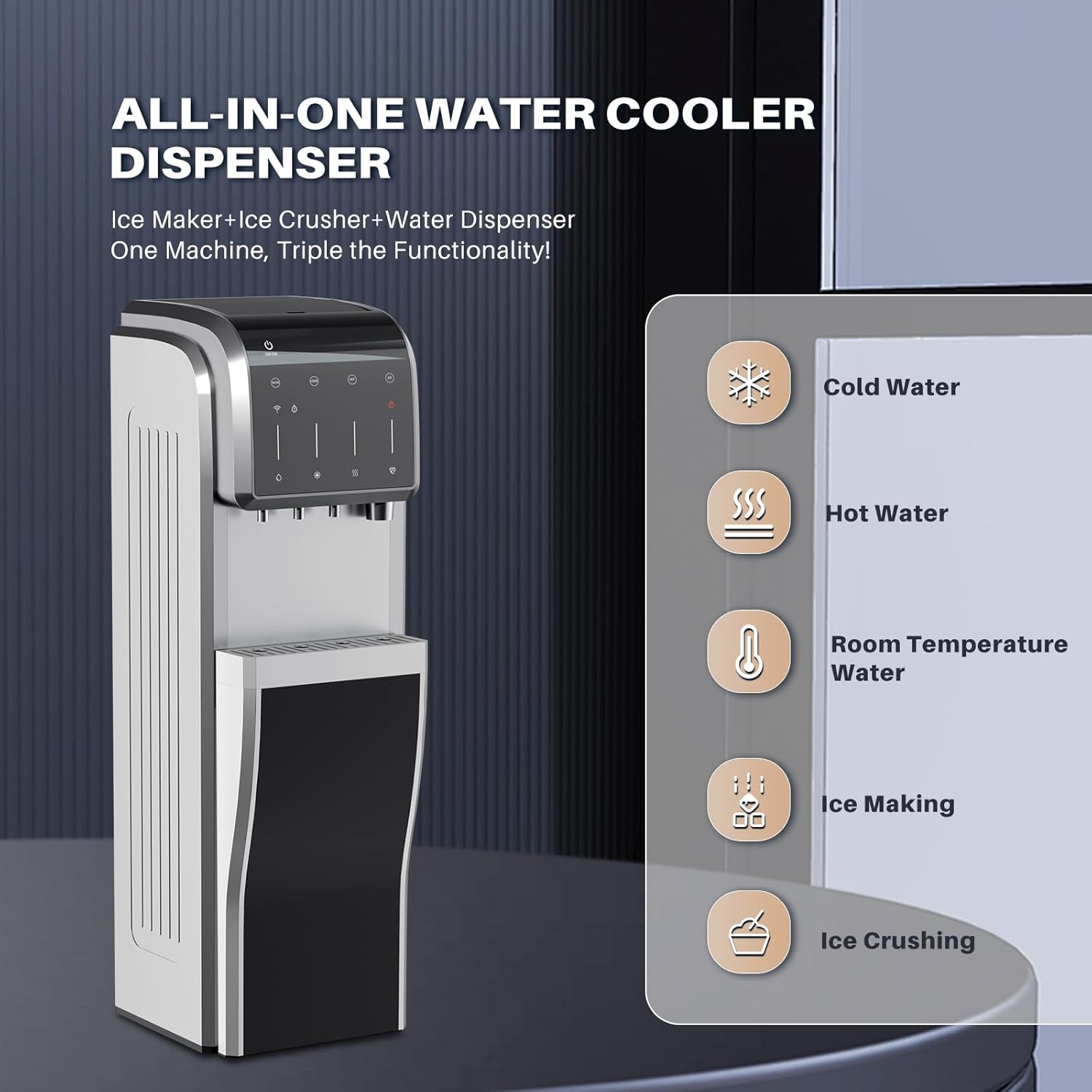 ICEPURE Water Dispenser with Ice Maker, 5-in-1 Water Cooler 5 Gallon Built-in Ice Maker Crushed Ice, Hot and Cold Water Dispenser Bottom Load, Bullet and Chewable Ice Maker, 35lbs/24H, Stainless Steel