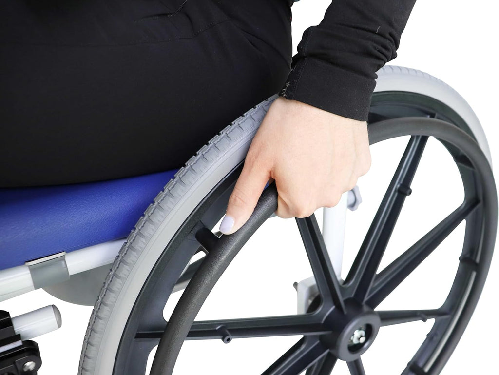 KMINA PRO - Shower Wheelchair for Inside Shower, Adjustable Shower Chair with Wheels for Disabled Adult, Self Propelled Shower Commode Wheelchairs, Rolling Shower Chair Blue