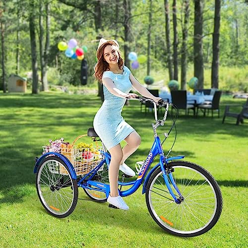 7-Speed Adult Tricycle with Large Basket 24/26 Inch, Stable 3-Wheel Cruise Bicycle for Shopping, Beach and City Trike Perfect for Men, Women, Seniors(Red/Blue)