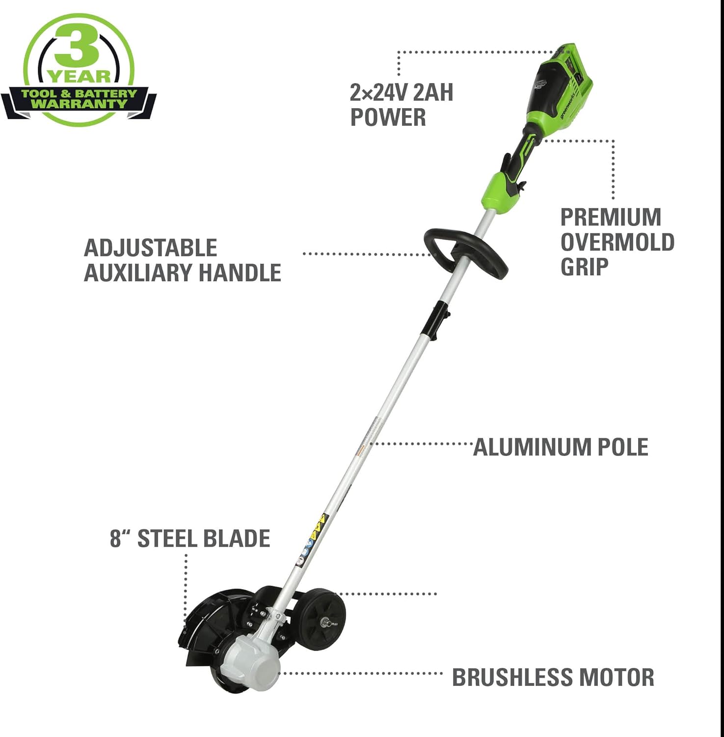 Greenworks 48V (2 x 24V) 8" Brushless Cordless Edger, (2) 4.0Ah Batteries and Dual Port Rapid Charger Included