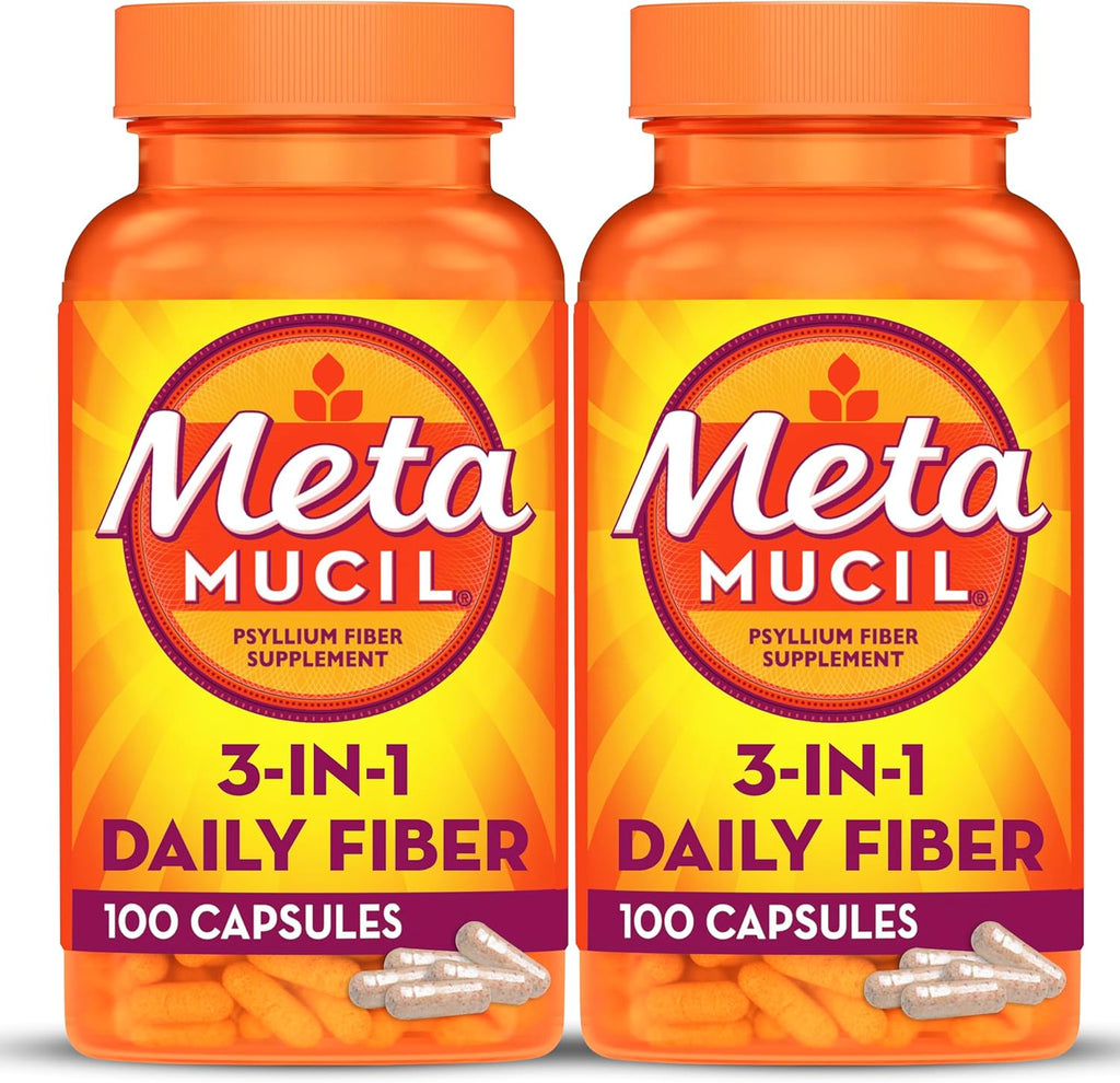Metamucil, Psyllium Husk Fiber Supplement, 3-in-1 Fiber for Digestive Health, Plant Based, 100 Capsules (Pack of 2)