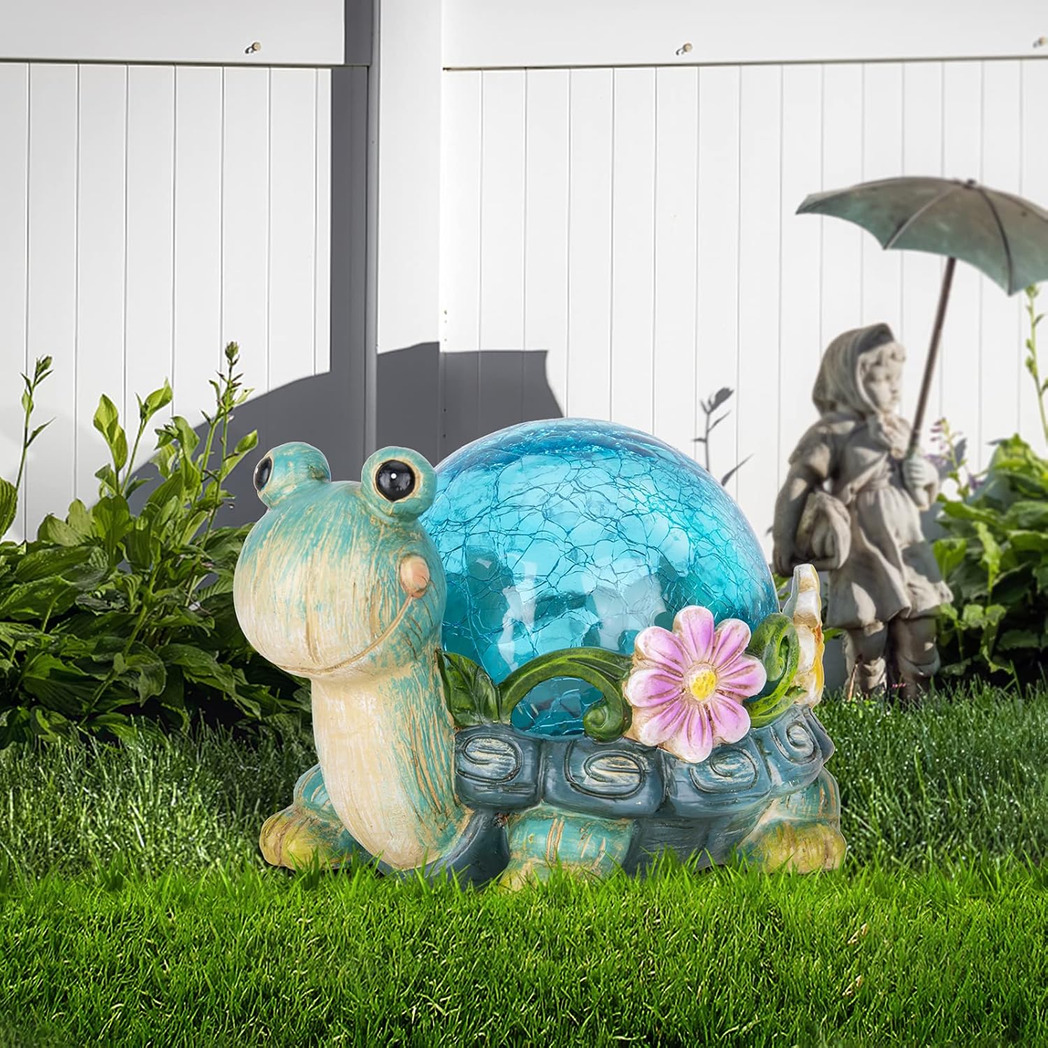 Afirst Solar Garden Statues Outdoor Figurines - Turtle Lawn Ornament with Solar Lights Cracked Glass Outdoor Decor for Patio Yard Decorations