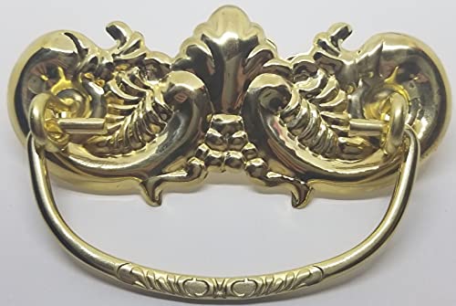3" Centers - Victorian Style Stamped Polish and Antiqued Brass Drawer Pull Antique Vintage Fancy Leaf Leaves Bail Ring Decor (Antique Dark Brass)