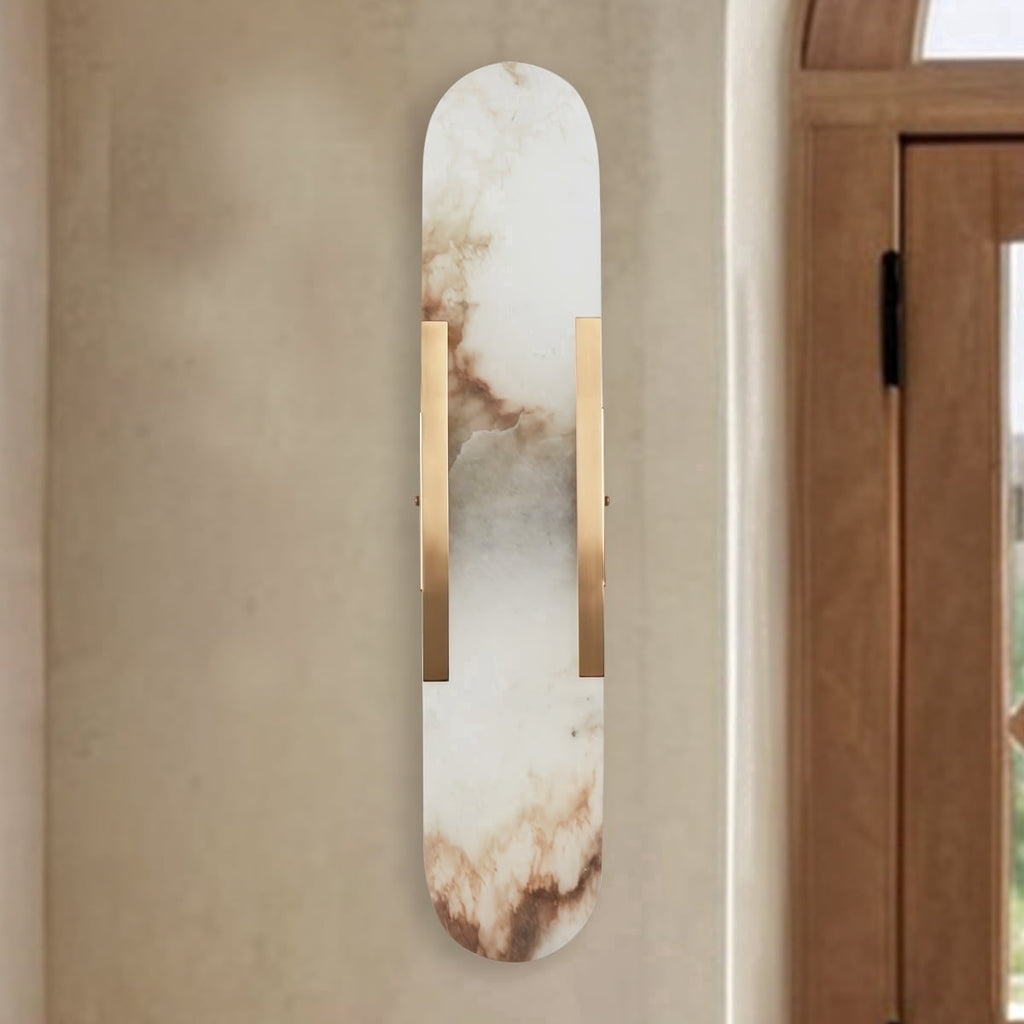 Sturdy Elongated Alabaster Shade Brass Sconce, Organic Texture Wall Light, Elegant Design Wall Lamp beside Mirror, for Hallway, Entryway, Bedroom, Living Room