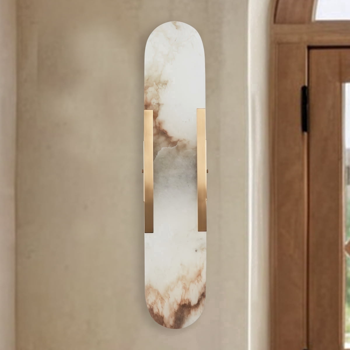 Sturdy Elongated Alabaster Shade Brass Sconce, Organic Texture Wall Light, Elegant Design Wall Lamp beside Mirror, for Hallway, Entryway, Bedroom, Living Room