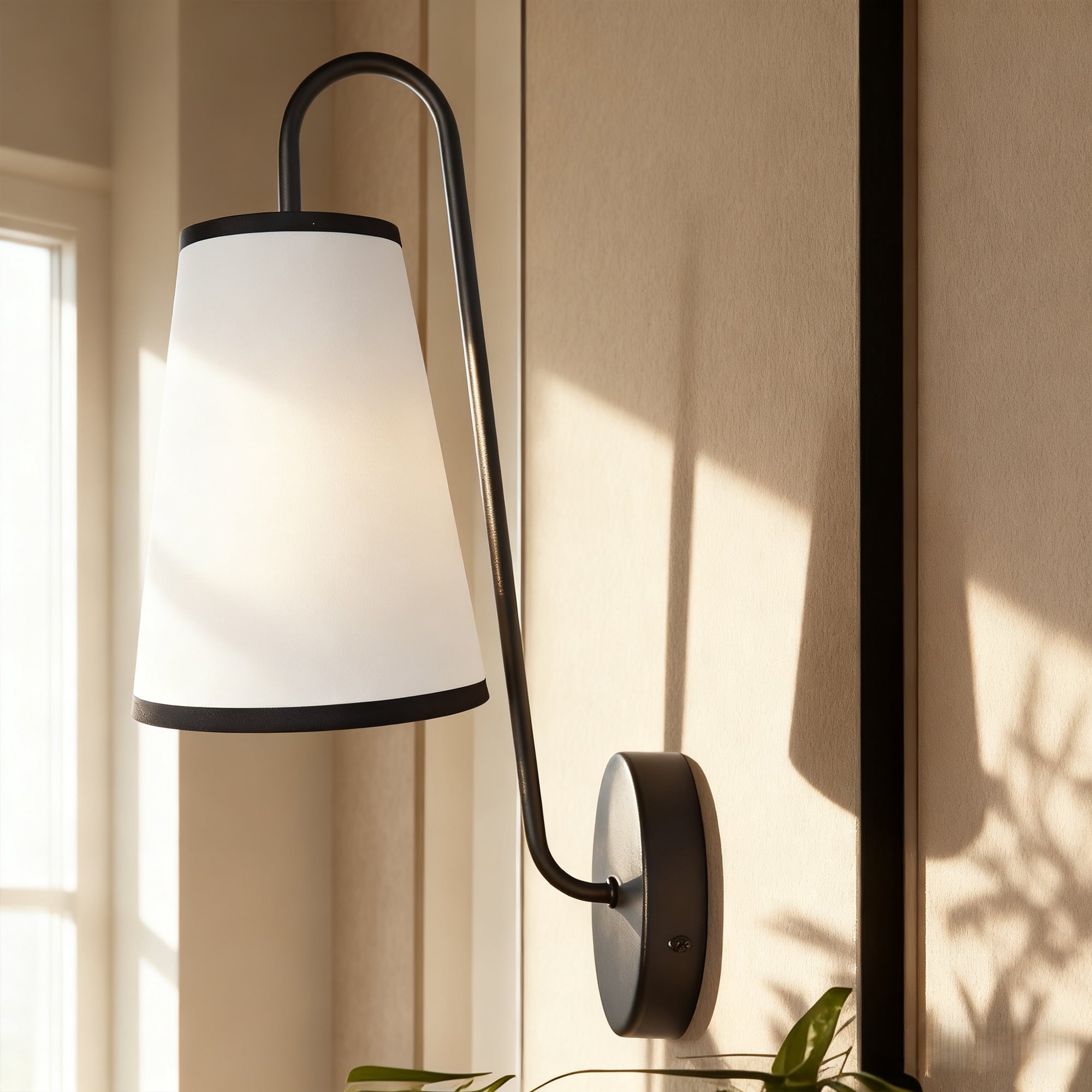 Minimal Elegant Black Sconce, Modern White Linen Shade Sconce for Bedroom, Living Room, Bathroom