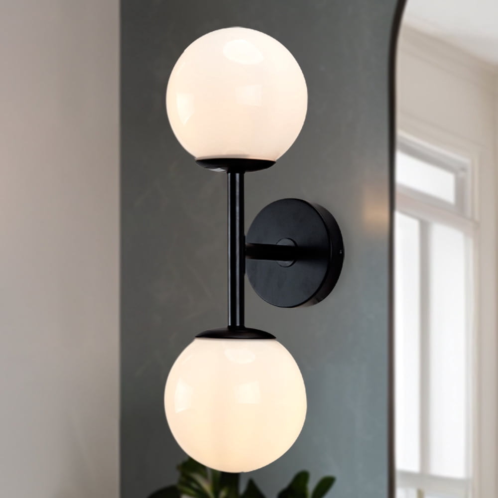 Modern Milk Glass Shade Double Sconce, Contemporary Bathroom Wall Sconce, Vanity Sconce Light, Wall Light over Mirror(Black)