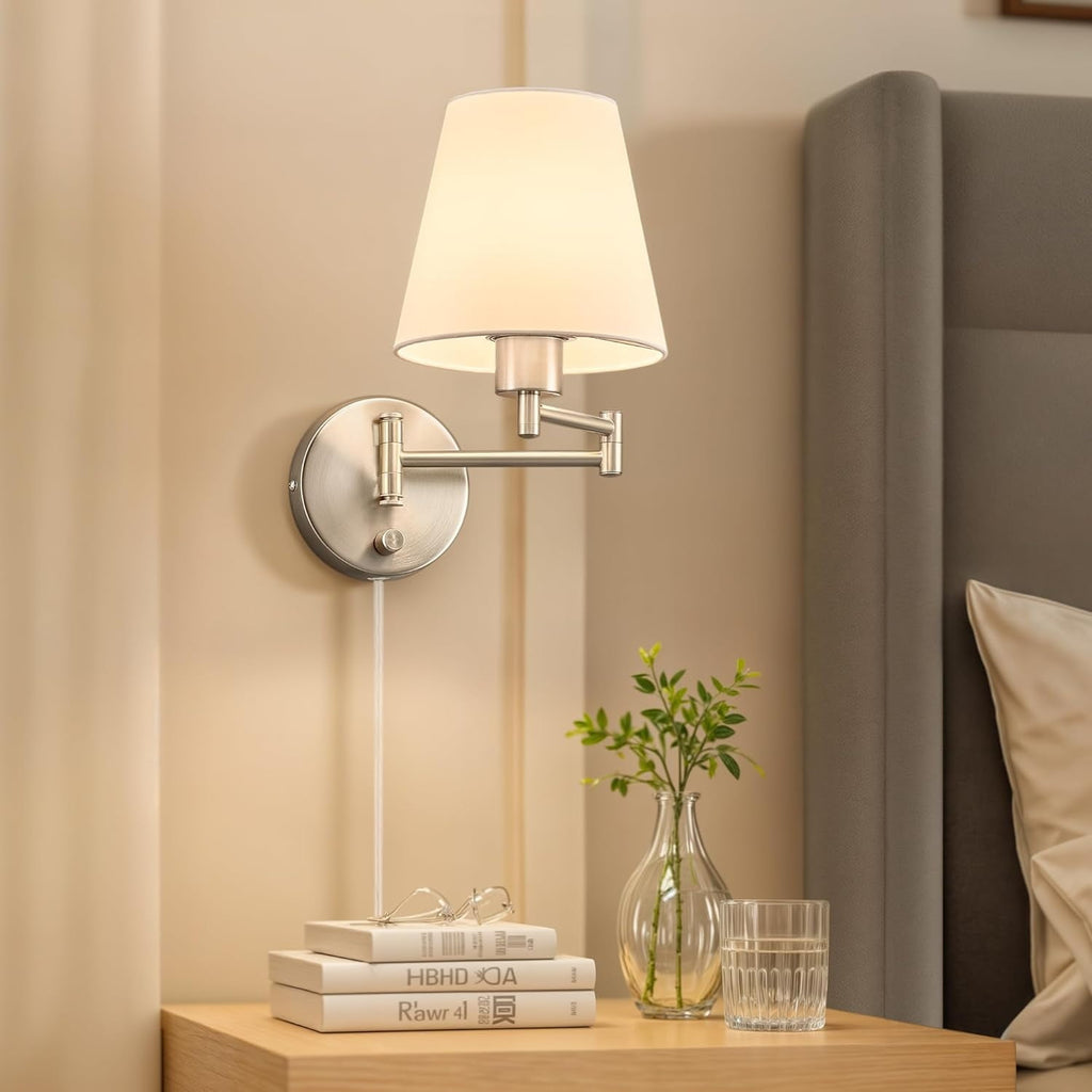Wall Sconce Set of 2, Plug in & Hardwired Swing Arm Wall Lamps, Adjustable Wall Mounted Lighting Fixtures, Modern Wall Lights with Nickel Base White Fabric Shade for Bedside, Hallway, Study