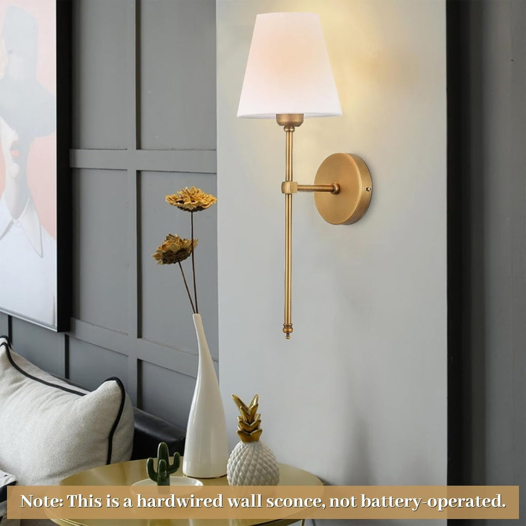 Wall Sconces Sets of 2, Hardwired Classic Brushed Brass Sconces Wall Lighting, Bathroom Vanity Light Fixture with Fabric Shade for Bedroom Living Room Hallway Kitchen, Gold