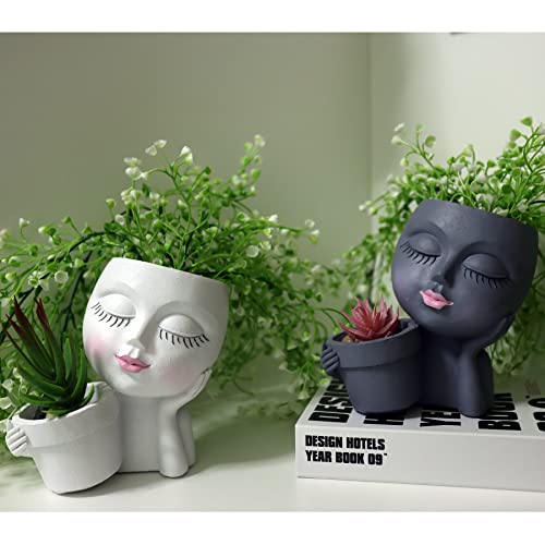 Head Planter Face Flower Pot, Dolkgy Woman Face Planter Unique White Head Planters for Indoor Outdoor Plants, Novelty Plant Pot Cute Lady Head Vase with Drainage Hole for Home Garden Succulents Cactus