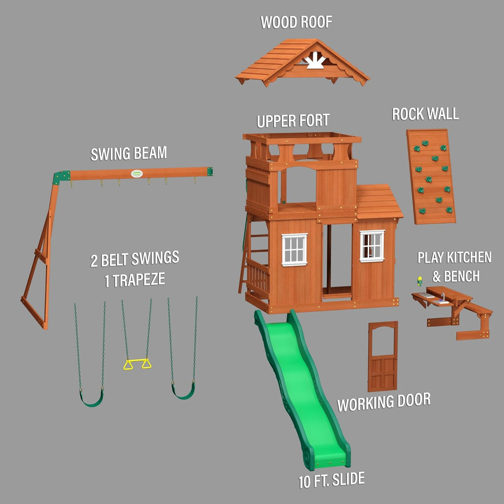 Backyard Discovery Shenandoah All Cedar Wooden Playset Swing Set with 2 Belt Swings, Trapeze Bar, 10 ft Wave Slide, Covered Upper and Lower Playhouse, Play Kitchen, Rock Wall, Outdoor Bench