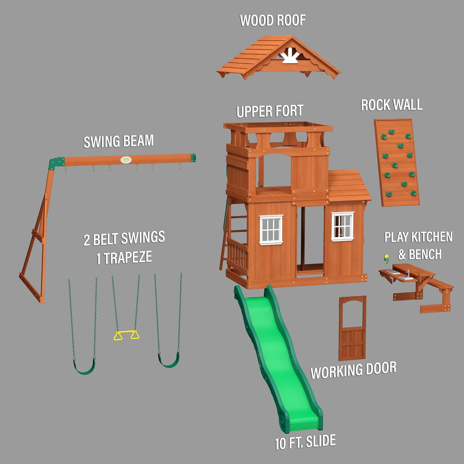 Backyard Discovery Shenandoah All Cedar Wooden Playset Swing Set with 2 Belt Swings, Trapeze Bar, 10 ft Wave Slide, Covered Upper and Lower Playhouse, Play Kitchen, Rock Wall, Outdoor Bench