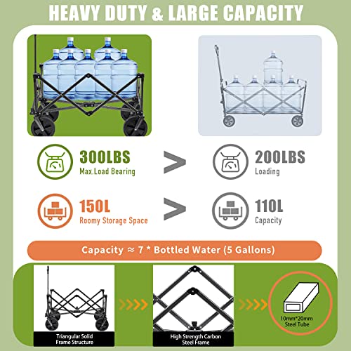 Collapsible Outdoor Utility Wagon with 300 lbs Capacity,Heavy Duty Folding Wagon with Side Pocket,Portable Grocery Wagon for Shopping Garden Camping Picnic,Black