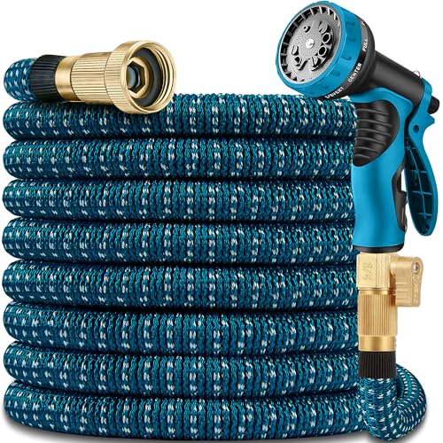 100 FT Expandable Garden Hose - 2024 Version, Lightweight, No-Kink Flexible Water Hose with 3/4" Solid Brass Fittings, Extra Strength Fabric - Flexible Expanding Hoses with 10 Pattern Spray Nozzle