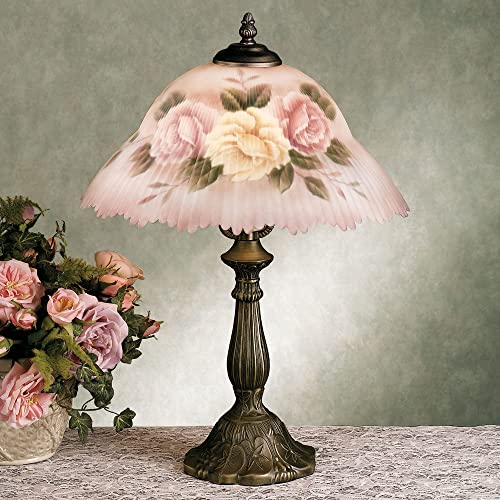 Touch of Class Beccalynn Table Lamp - Light Cream - Painted by Hand - Rose Pink - Floral Bedside Desk Lighting - Old Fashioned Style - Handcrafted Glass Lampshade for Bedroom, Living Room