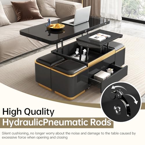 3-in-1 Multi-Functional Coffee Table with Glass Tabletop, Lift Top Center Table with 4 Storage Stools, Expandable Dining Table for Living Room, Office Table with Hidden Storage Compartment