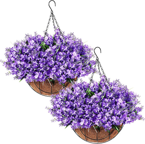 2 Pack Artificial Hanging Flowers in Basket for Spring Summer Porch Home Garden Yard Decoration Faux Hyacinth Arrangement Fake Plants in 12 Inch Coconut Lining Basket for Outdoors Indoors Decor