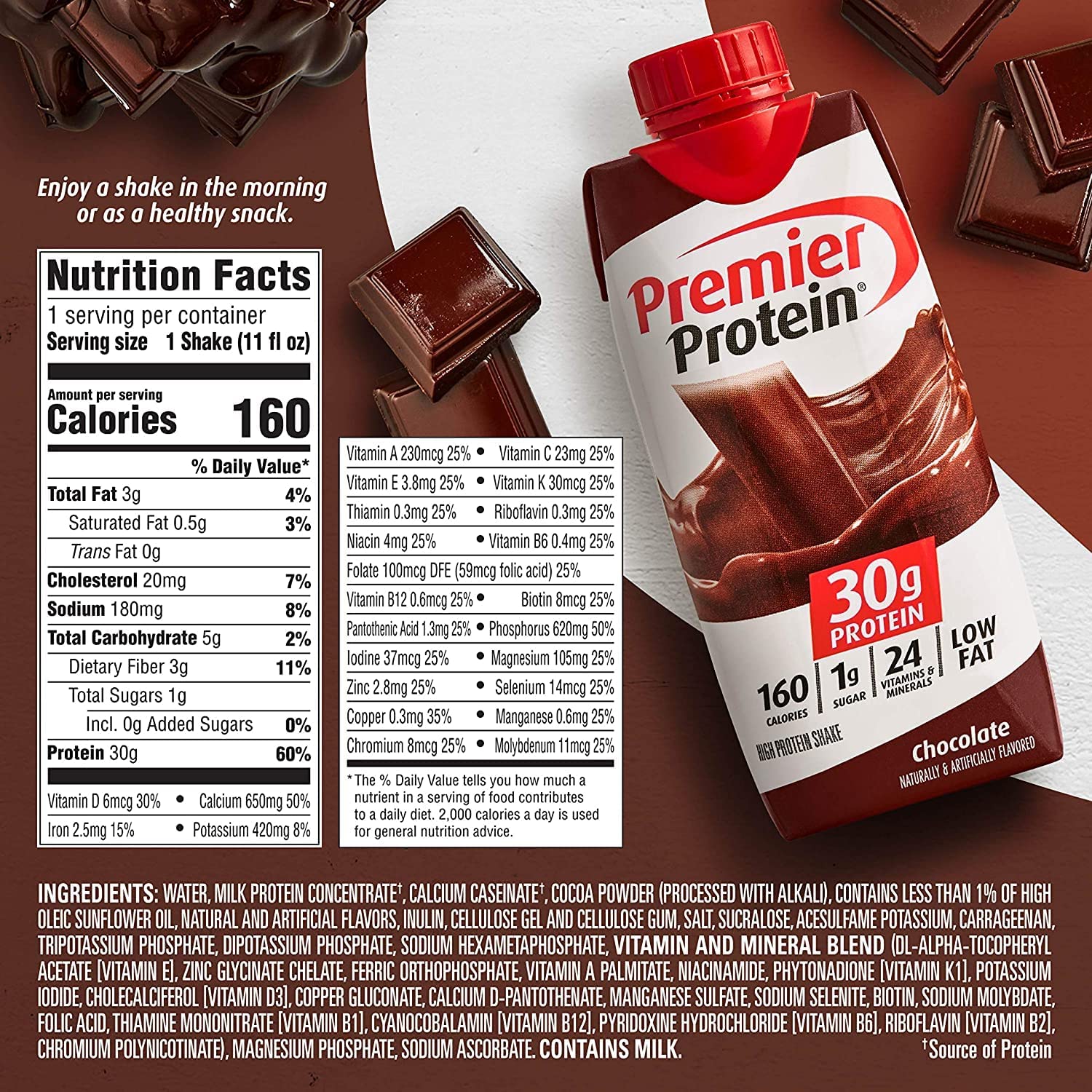 Premier Protein High Protein Shakes Variety Sampler Pack, 11 Fl. Oz Each - Cafe Latte, Chocolate, Vanilla, Caramel, Cake Batter, Chocolate Peanut Butter - 2 of Each Flavor (12 Pack) in The Award Box Packaging