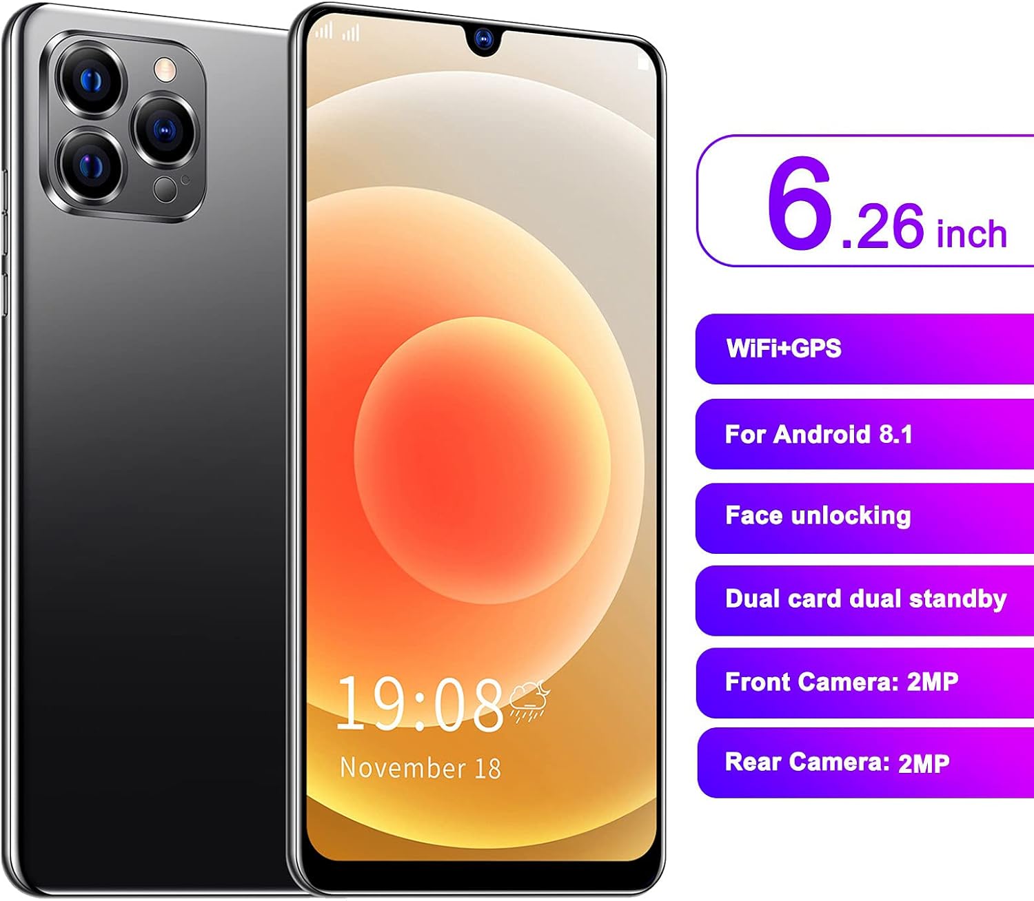 WESE Unlocked Smartphone,IP12 PRO+ Android Smartphone 6.26in Large Screen Unlocked Cellphone Face Recognition Unlocked Android Smartphone Dual Card Dual Standby(Black)