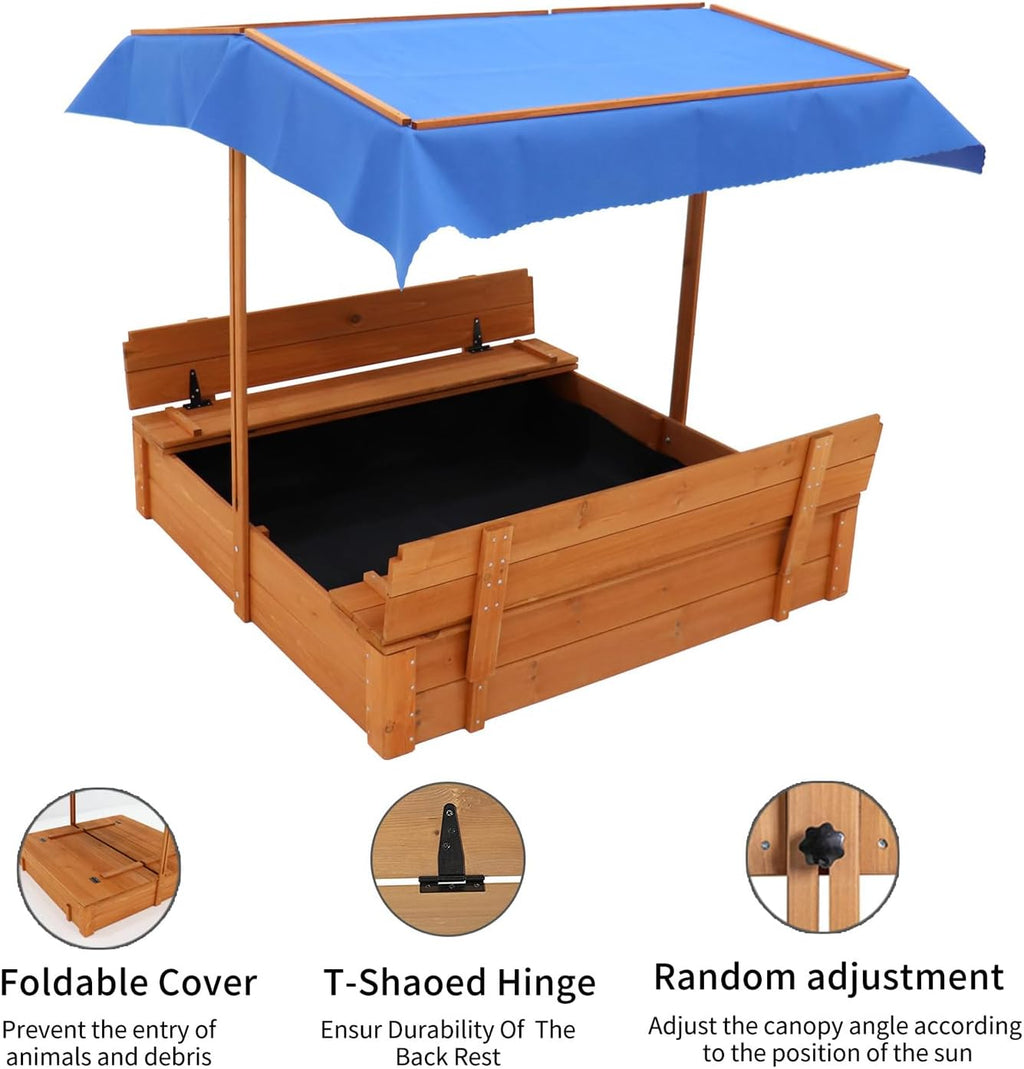 Wooden Cedar Sand Box, Large Kids Sand Boxes with Adjustable Canopy, 2 Foldable Bench Seats, Sand Protection, Bottom Liner, Sand Boxes for Backyard Garden, Sand Pit for Beach Patio Outdoor (47 Inch)