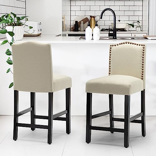 LSSBOUGHT Counter Stools, 24 inches Upholstered Bar Chairs with Solid Wood Legs and Nailed Trim Set of 2 (Beige)