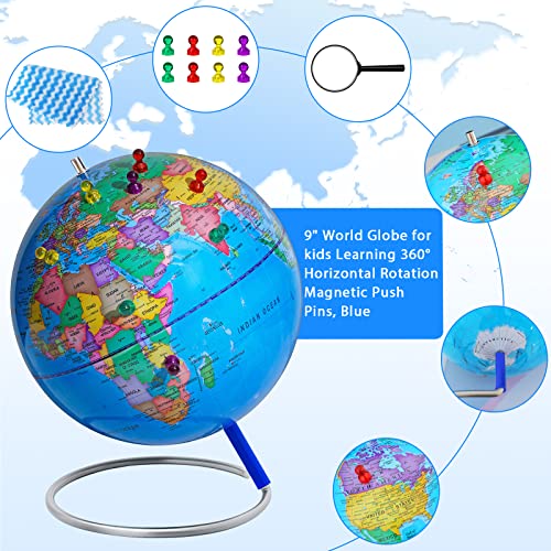 13" World Globe with Stand, 720° Swivels in All Directions, Stainless Steel Stand, Geographic/Decorative Desktop Decoration World Globe Map with Clear Text for Home, School, Office,Blue