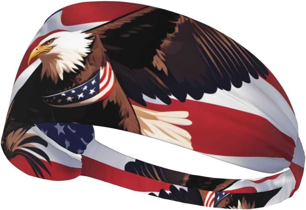 Elastic Exercise Headband for Men & Women Moisture Wicking Athletic for Running, Gym, Working Out USA Patriotic Eagle with American Flag Pattern