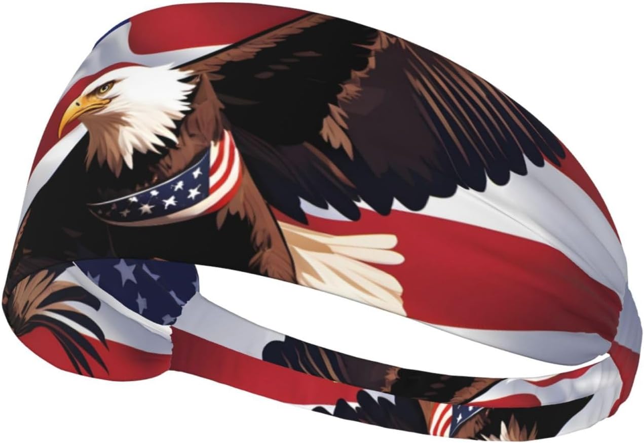 Elastic Exercise Headband for Men & Women Moisture Wicking Athletic for Running, Gym, Working Out USA Patriotic Eagle with American Flag Pattern