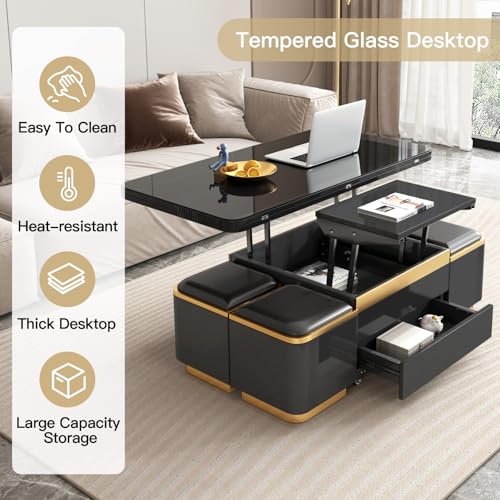 3-in-1 Multi-Functional Coffee Table with Glass Tabletop, Lift Top Center Table with 4 Storage Stools, Expandable Dining Table for Living Room, Office Table with Hidden Storage Compartment