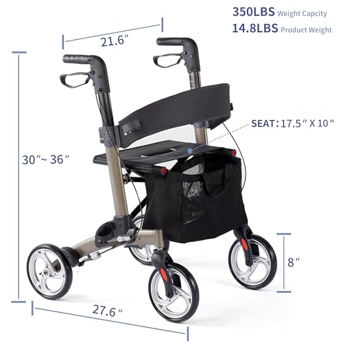 Rollator Walker for Seniors,Foldable All Terrain Rolling Walkers with Cane Holder,Aluminum Walkers with 8 inch Rubber Wheels for Seniors (Rolling Walker)