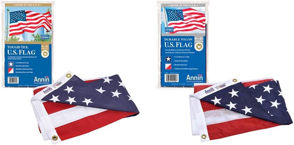 Annin Flagmakers American Flag Tough-Tex Polyester Flag & Model 2220 American Flag Nylon SolarGuard NYL-Glo, 4x6 ft, 100% Made in USA with Sewn Stripes, Embroidered Stars and Brass Grommets