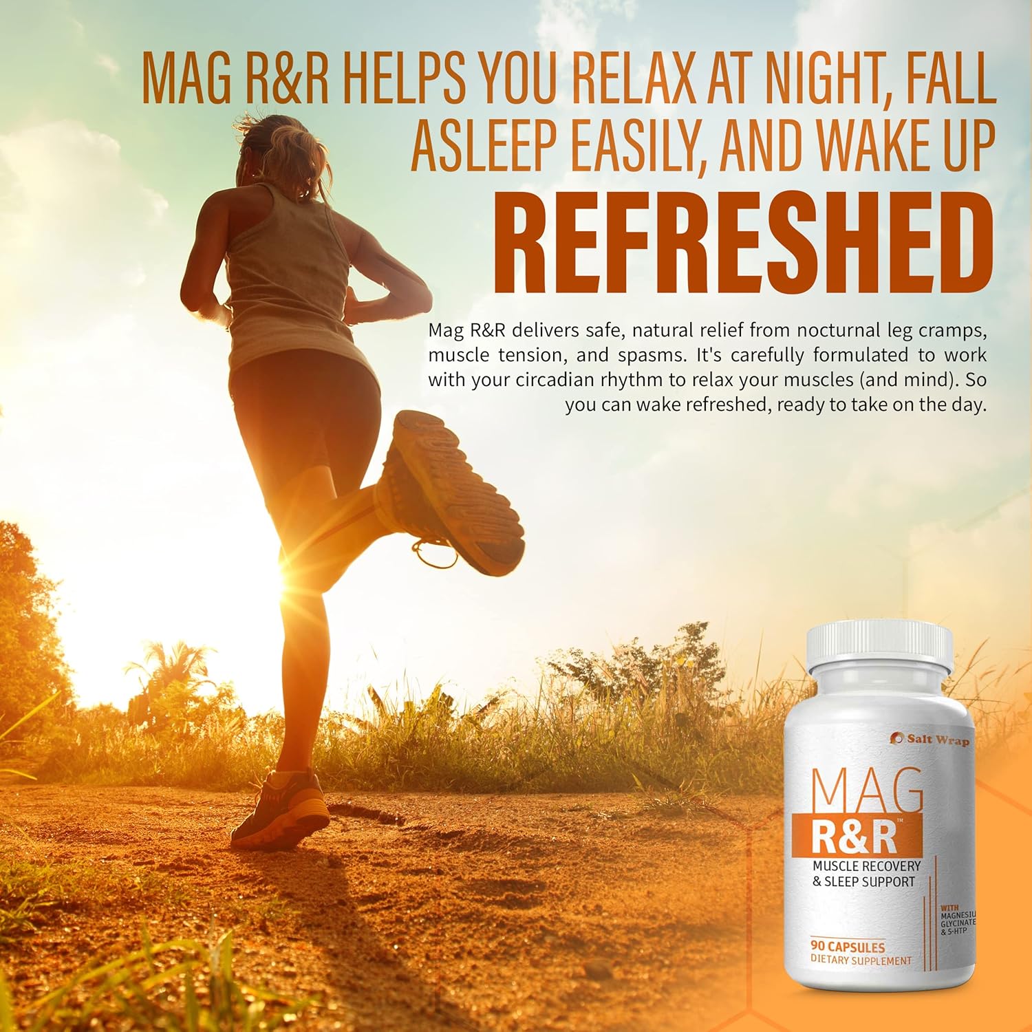 SaltWrap Mag R&R - Nighttime Muscle Cramps Support, Natural Sleep Support for Adults with Magnesium Glycinate for Muscle Spasm and Leg Cramps Relief, 90 Capsules