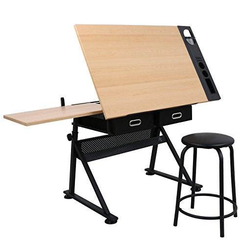 Drafting Table Art Desk, Height Adjustable Drawing Table Tilting Tabletop Work Station with Stool and Storage Drawer for Home, Office, Writing, Black
