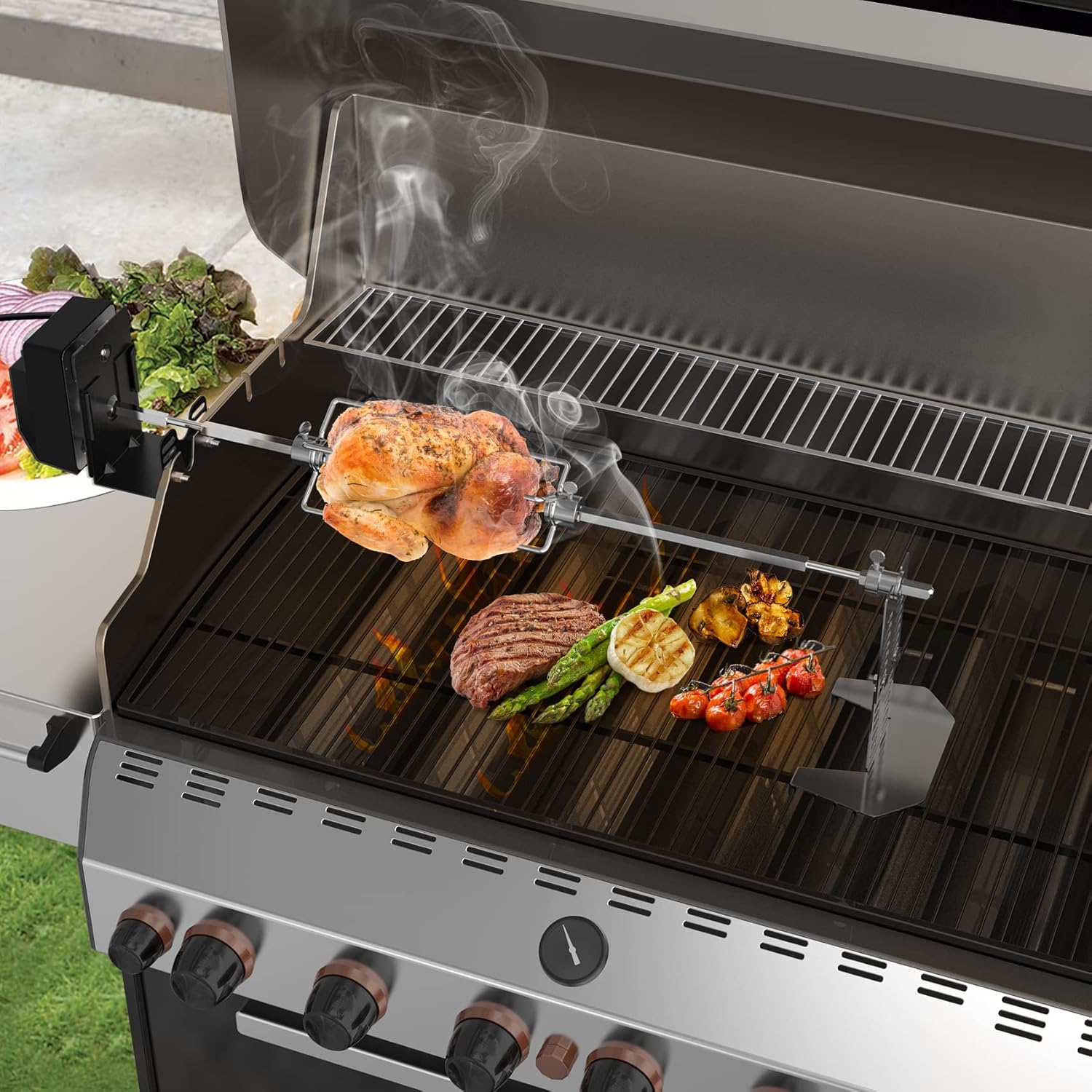 only fire Universal BBQ Grill Rotisserie Kit for Most Gas Grills, Include 110V 4W Electric Motor, 4-Prong Meat Forks and 28" Square Spit Rod