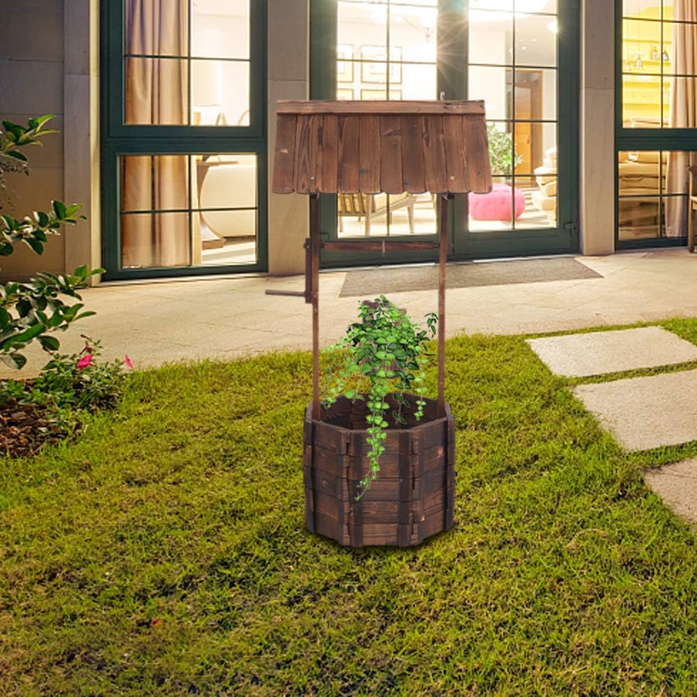 Wooden Wishing Well Planter, Outdoor Reinforced and Anticorrosive Wooden Wishing Well Flowerpot with Hanging Bucket