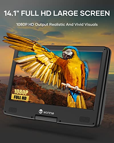 WONNIE 16.9" Portable Blu ray DVD Player with 14.1" 1080P HD Swivel Screen, 4-Hour Rechargeable Battery, Supports HDMI Output, Surround Audio, Last Memory, USB/SD Card, AV in