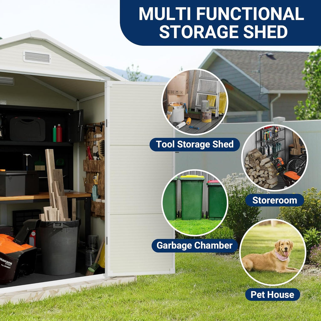 Outdoor Storage Shed, 6x4.5 FT Resin Shed with Floor and Lockable Door for Bike, Garbage Cans, Garden Accessories, Sandstone