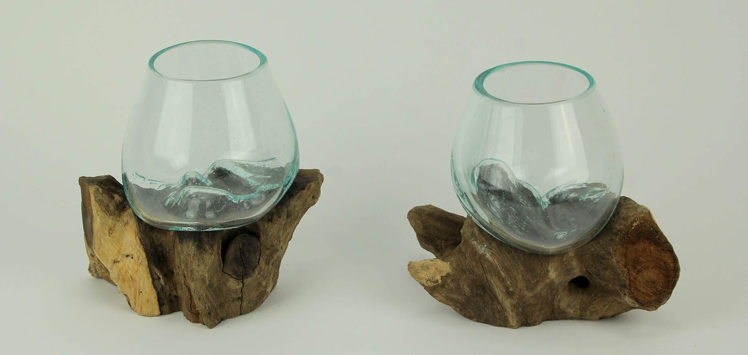 Molten Glass On Teak Driftwood Decorative Bowl Vase Terrarium Planter Set of 2